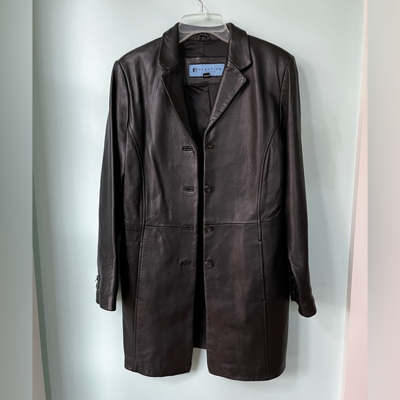 Kenneth Cole Reaction Black Leather Button Up Coat Medium - Picture 2 of 15
